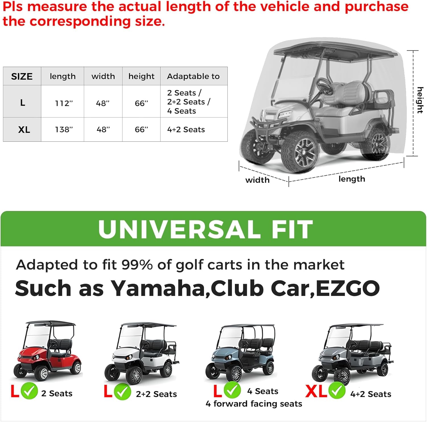 4 Passenger Golf Cart Cover Fits EZGO, Club Car, Yamaha, 400D Waterproof Windproof Sunproof Outdoor All-Weather Polyester Full Cover with Three Zipper Doors - Black/Army Green/Sliver/Camouflage